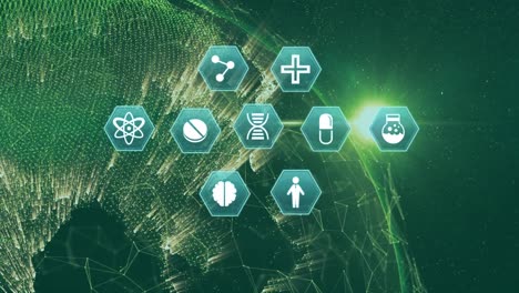 Animation-of-network-of-connections-with-medical-icons-and-globe-on-green-background