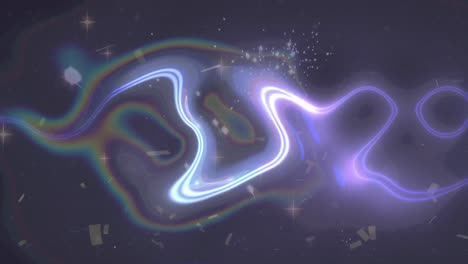 Digital-animation-of-confetti-falling,-shining-stars-and-digital-waves-against-black-background