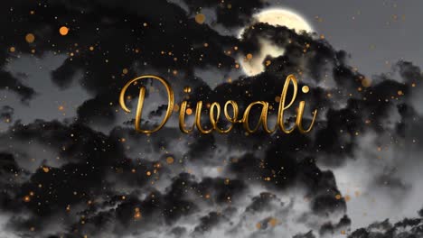 Animation-of-diwali-text-over-spots,-moon-and-clouds-in-sky