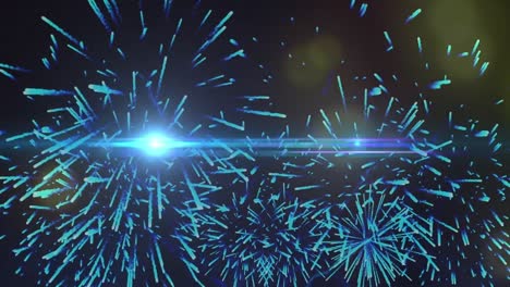 Digitale-Animation-Von-Explodierenden-Feuerwerkskörpern-Und-Gelben-Lichtflecken-Auf-Schwarzem-Hintergrund