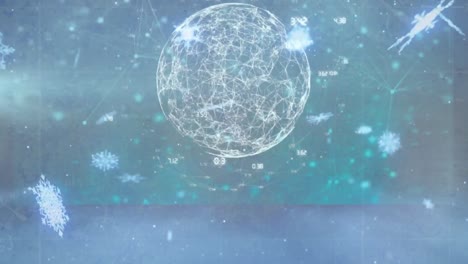 Animation-of-snowflakes-over-screen-with-diverse-data-moving-in-background