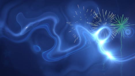 Animation-of-fireworks-over-blue-background-with-moving-waves