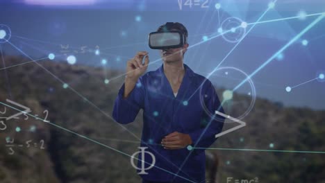 Animation-of-network-of-connections-with-glowing-spots-over-caucasian-male-engineer-in-vr-headset