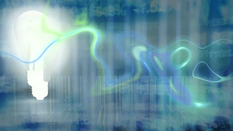 Animation-of-bulb-and-blue-and-green-waves-over-screen-with-financial-data
