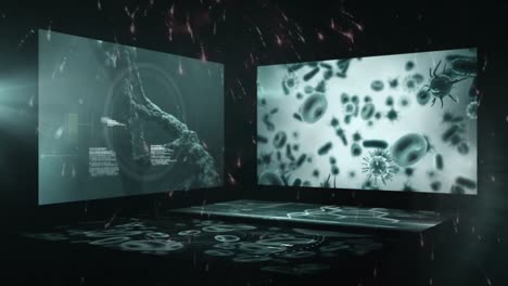 Animation-Von-Feuerwerk-Und-Frohem-Neuen-Jahr-über-Bildschirme-Mit-Datenverarbeitung-Und-Mikroben