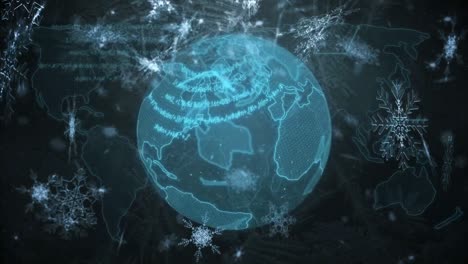 Snowflakes-falling-and-data-processing-over-spinning-globe-against-black-background