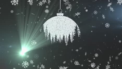 Animation-Von-Schneeflocken,-Die-über-Weihnachtskugeln-Mit-Bäumen-Fallen