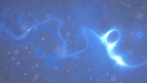 Animation-of-snowflakes-falling-over-blue-background-with-waves