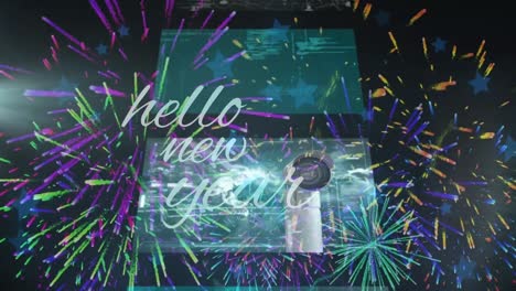 Animation-of-hello-new-year-and-fireworks-over-screen-with-diverse-data