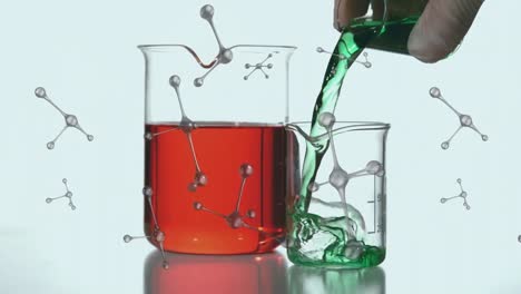 Animation-of-molecules-spinning-over-caucasian-male-scientist-pouring-liquid-into-laboratory-beaker