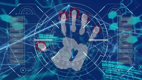 Animation-of-hand-bionic-security-system-over-data-processing-in-blue-and-green-space