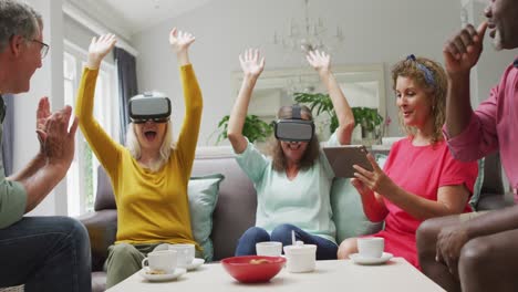 Animation-of-happy-diverse-female-and-male-senior-friends-using-vr-headset-and-having-fun
