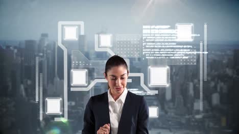 Animation-of-happy-caucasian-businesswoman-over-integrated-circuit-and-cityscape