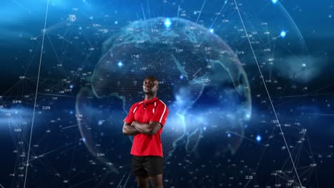 Animation-of-african-american-rugby-player-over-globe-and-network-of-connections
