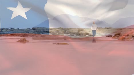 Animation-of-flag-of-chile-over-senior-caucasian-woman-on-beach