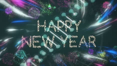 Animation-of-happy-new-year-over-rotating-dna-chain-and-fireworks-on-black-background