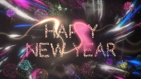 Happy-new-year-text-banner-against-colorful-digital-wave-and-fireworks-exploding-on-black-background