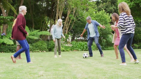 Animation-of-happy-diverse-female-and-male-senior-friends-playing-soccer-in-garden