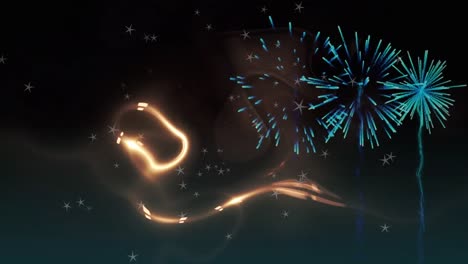 Digitale-Animation-Von-Sternsymbolen,-Explodierenden-Feuerwerkskörpern-Und-Lichtspuren-Auf-Schwarzem-Hintergrund