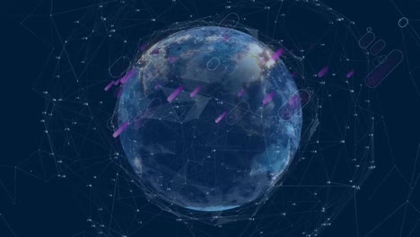 Animation-of-pink-shapes-falling-over-globe-and-network-of-connections