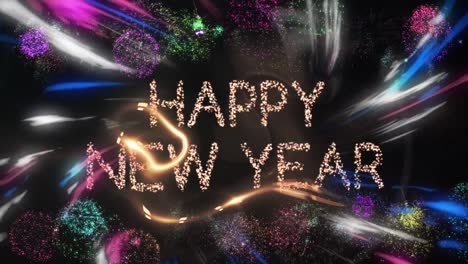 Happy-new-year-text-banner-against-colorful-digital-wave-and-fireworks-exploding-on-black-background