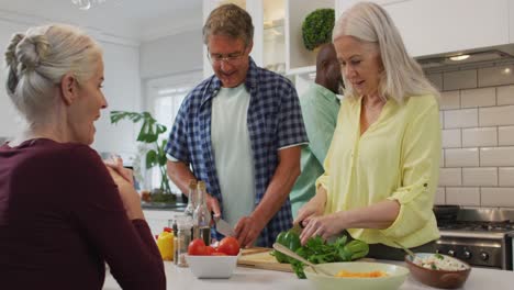 Animation-of-happy-diverse-female-and-male-senior-friends-preparing-meal-in-kitchen,-talking