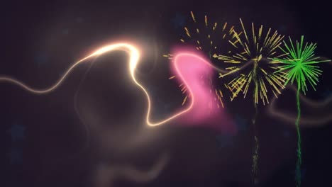 Animation-of-fireworks-over-black-background-with-pink-and-yellow-lights
