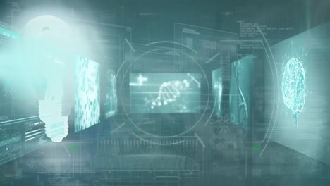 Animation-of-dna-chain-and-diverse-data-on-screens-in-green-and-black-space