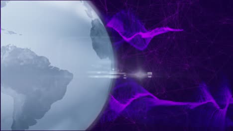 Animation-Eines-Globus,-Der-Sich-über-Violette-Formen-Auf-Schwarzem-Hintergrund-Dreht