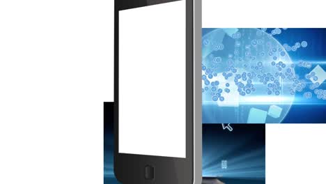 Video-of-tablet-with-blank-screen-and-networks-of-icons-with-copy-space-on-white-background