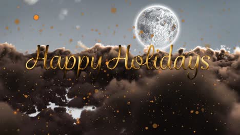 Animation-of-happy-holidays-text-over-spots,-moon-and-clouds-in-sky