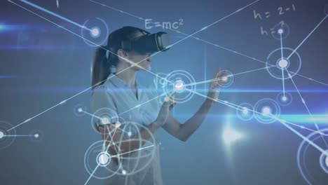 Animation-of-network-of-connections-with-glowing-spots-over-caucasian-woman-wearing-vr-headset