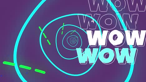 Animation-of-wow-text-over-circles-on-purple-background