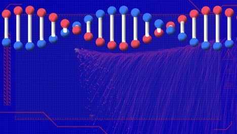 Animation-Eines-DNA-Strangs-über-Einer-Digitalen-Schnittstelle-über-Lichtspuren-Auf-Blauem-Hintergrund