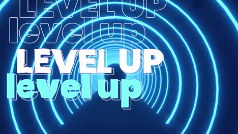 Animation-Von-Level-Up-Text-über-Neontunnel-Auf-Blauem-Hintergrund