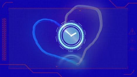 Animation-of-digital-interface-and-moving-clock-over-heart-shape-on-blue-background