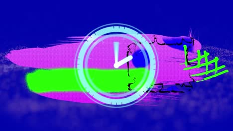 Animation-of-moving-clock-over-colorful-shapes-on-blue-background