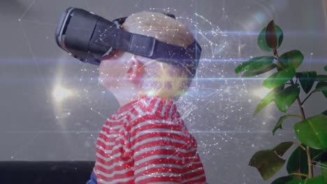 Animation-Eines-Netzwerks-Von-Verbindungen-über-Einem-Kaukasischen-Jungen,-Der-Ein-VR-Headset-Trägt