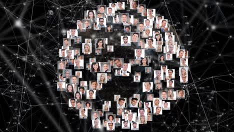 Animation-of-globe-with-network-of-connections-and-people's-photos