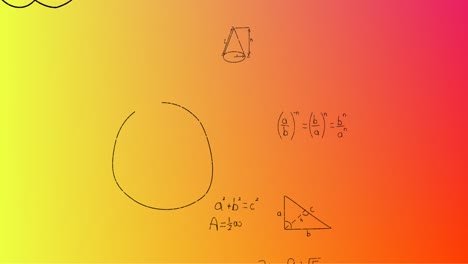 Animation-of-hand-written-mathematical-formulae-over-yellow-to-red-background