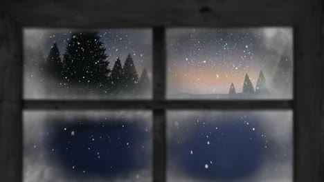 Animation-Von-Schnee,-Der-über-Die-Weihnachtliche-Winterlandschaft-Fällt-Und-Durch-Das-Fenster-Gesehen-Wird