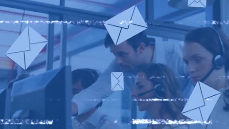 Animation-of-envelopes-with-glitch-over-diverse-business-people-using-phone-headsets
