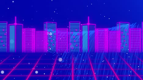 Animation-Von-Lichtflecken-über-Dem-Stadtbild-Auf-Violettem-Hintergrund