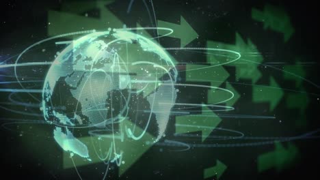 Animation-of-arrows,-lights-and-globe-rotating-in-green-space