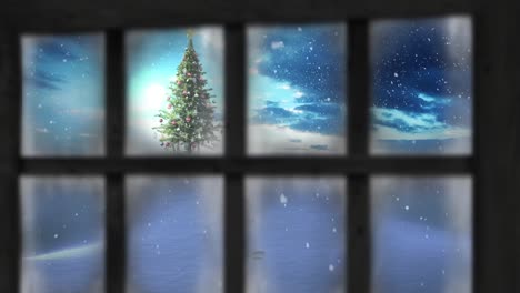 Animation-Von-Schnee,-Der-über-Den-Weihnachtsbaum-Fällt,-Und-Winterlandschaft,-Die-Durch-Das-Fenster-Gesehen-Wird