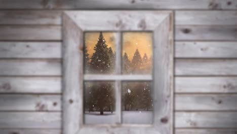 Animation-Von-Schnee,-Der-über-Die-Weihnachtliche-Winterlandschaft-Fällt-Und-Durch-Das-Fenster-Gesehen-Wird