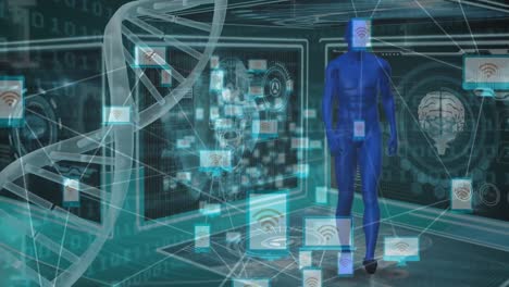 Animation-Eines-DNA-Strangs,-Der-Sich-über-Den-Menschlichen-Körper-Dreht,-Wissenschaftliche-Datenverarbeitung-Auf-Blauem-Hintergrund