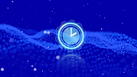 Animation-of-moving-clock-over-light-spots-on-blue-background