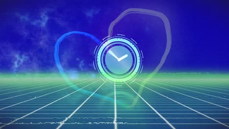 Animation-of-interference-and-moving-clock-over-heart-shape-on-blue-background
