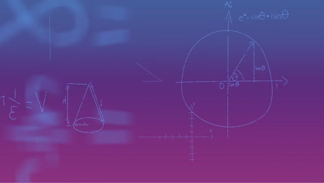Animation-of-handwritten-mathematical-formulae-over-purple-background